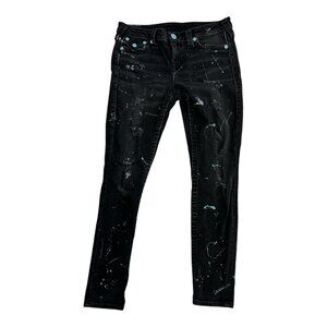 True Religion Womens Jeans Black Super Skinny W/ Flaps Paint Splatter Size 29x29
